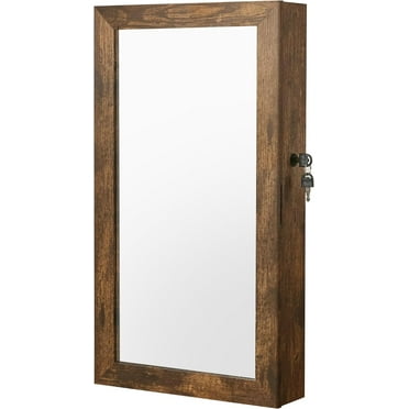 Lockable Jewelry Cabinet Armoire with Mirror, Wall-Mounted Space Saving Jewelry Storage Organizer, Rustic Brown UJJC051K01