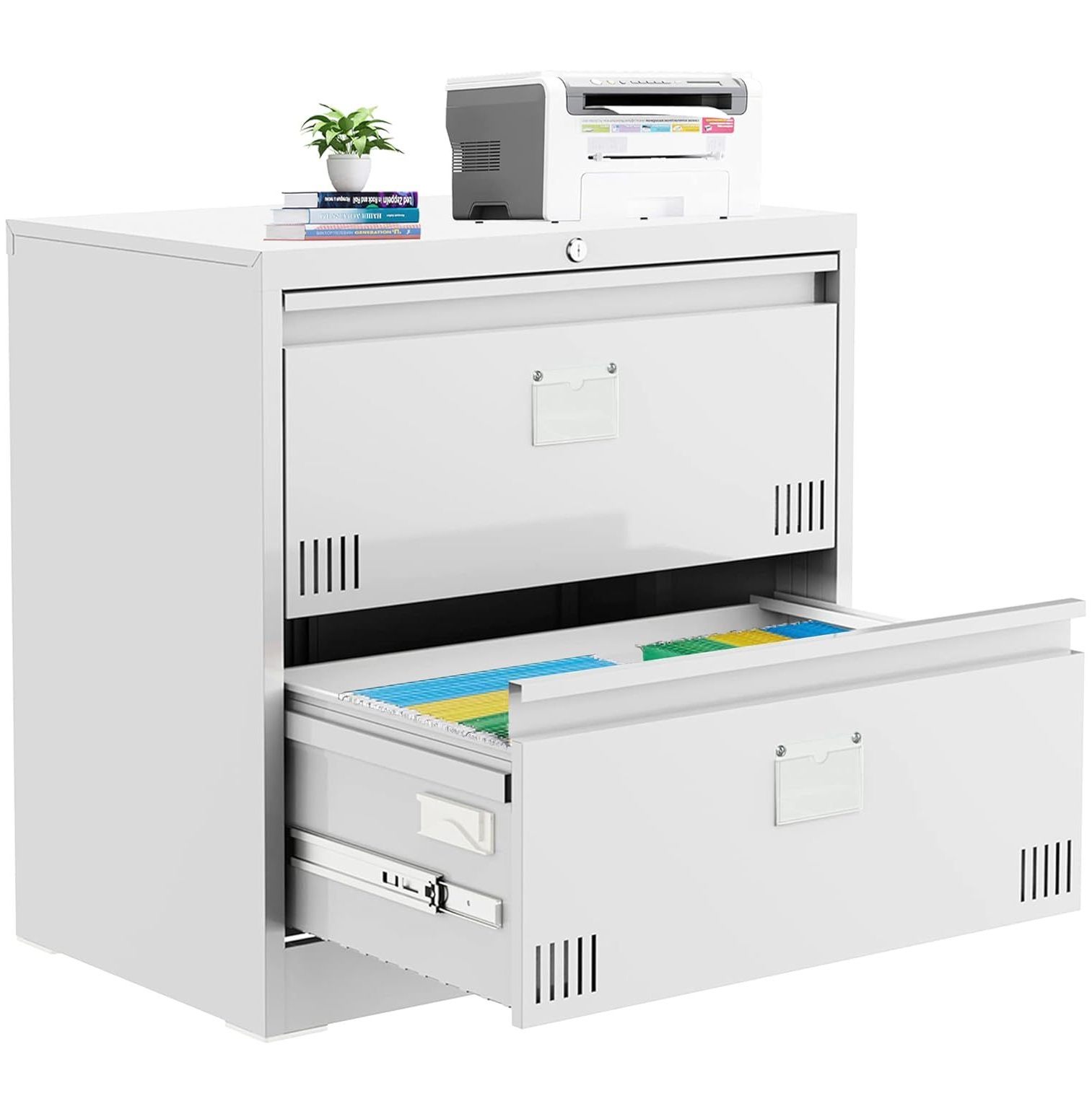 Lockable Lateral File 2 Drawer, Lateral Storage File with Lock, Metal Horizontal