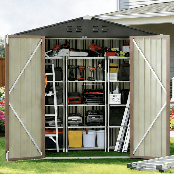 Lockable Lofka 8x6 FT Shed and Outdoor Storage Clearance - All-Weather Resistant Metal Shed, Brown