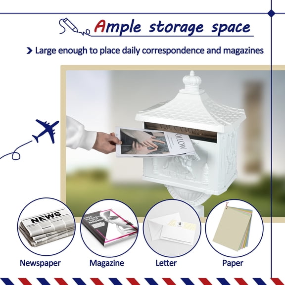 Lockable Mailbox for Outdoor Use, White Cast Aluminum Postal Box with Retro Mid-Century Style, 16.53x16.53x46.06 Inches, Security Mailbox for Letters and Magazines