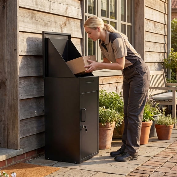 Lockable Mailbox Package Delivery Box 2in1 Galvanized Steel Black Outdoor Secure Anti Theft Large Capacity Porch Yard Curbside Home Mail And Parcel Storage Weather Resistant Powder Coated Metal 34In