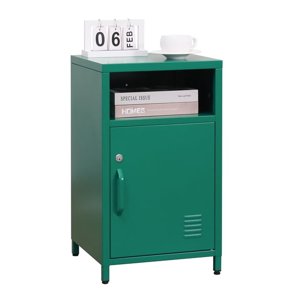 Lockable Metal Nightstand with Open Shelf Modern Side Table