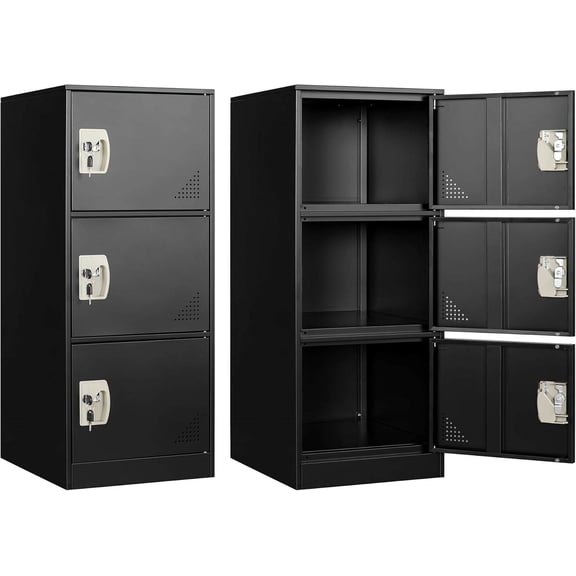 Metal Lockable Storage Locker, 36" H x 15" W x 17.7" D, 3-Compartment, Black, Assembly Required