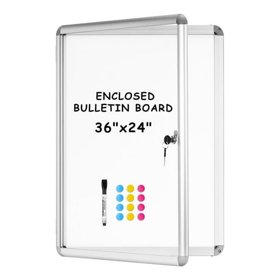 Lockable Notice Board 36"x24" Tamperproof Enclosed Display Board Whiteboard Cabinet for Wall Outdoor Use for Home Office Library, Community, Corridor, Wall-Mounted, Sliver Aluminium Framed