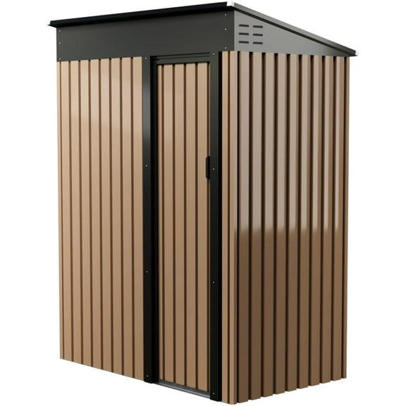 Lockable Outdoor Storage Shed – Metal Garden Shed with Sloping Roof, Waterproof Backyard Storage Cabinet for Tools, Bikes & Equipment, Multiple Sizes (Brown)