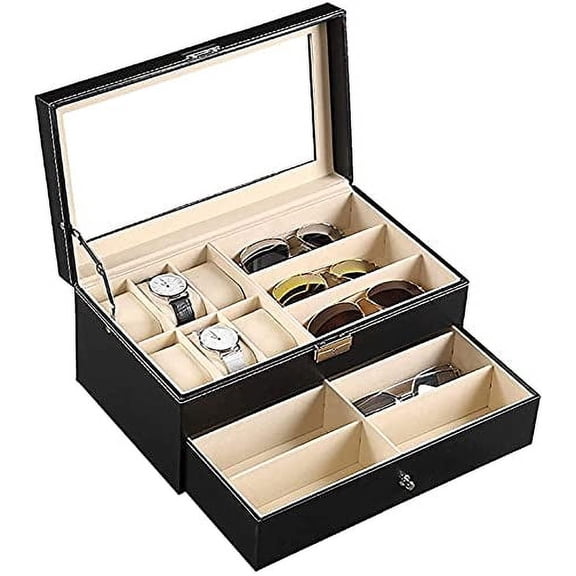 Lockable PU Leather Watch Storage Box 2-Tier, 6 Watch & 9 Eyeglasses Jewelry Display Case with Glass Lid - Black