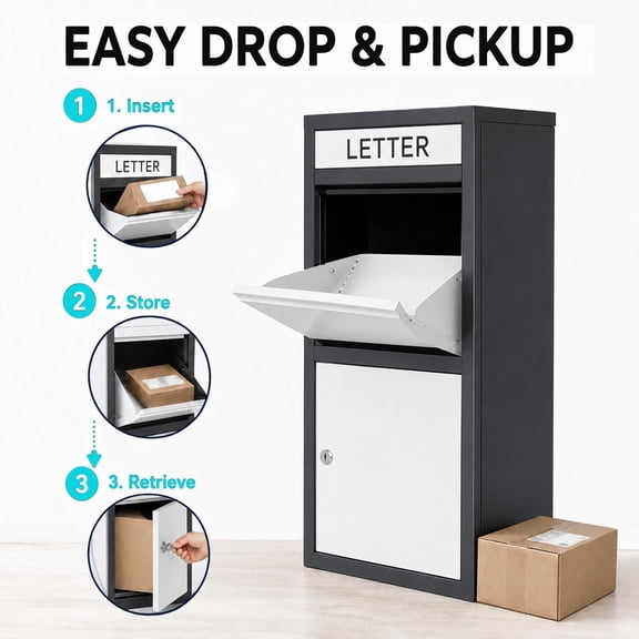 Lockable Package Delivery Box Black & White, Weather Resistant Modern Mailbox, Freestanding Outdoor Parcel Box for Residential Entry & Backyard