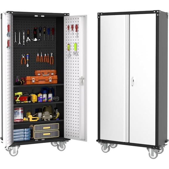 and Lockable Rolling Design for Home, Metal Storage Cabinet with Wheels 72" H- Steel Garage Organization with Pegboard for or Office Use, 4 Adjustable Shelves