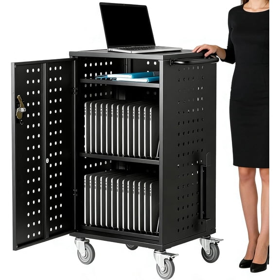Lockable Rolling Laptop Charging Cart for Learning Area & Office, Ventilated Steel Mobile Charging Cabinet for Chromebooks/Tablets Up to 15.6 in, with Key - 32 Positions