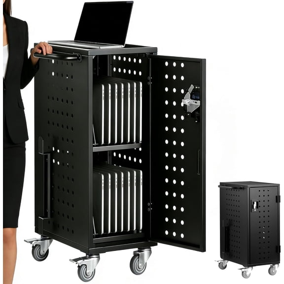 Lockable Rolling Laptop Charging Cart for Learning Area & Office, Ventilated Steel Mobile Charging Cabinet for Laptops/Chromebooks/Tablets Up to 15.6 in, with Key - 16 Positions