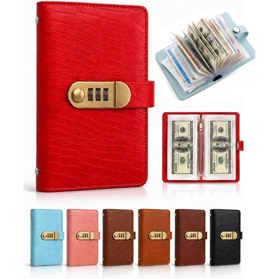 Lockable Savings Notebook, Cash Saving Binder with Combination Lock, PU Leather Cover，Red