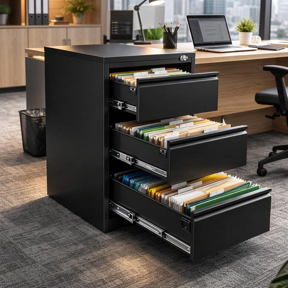 Lockable Side-Pull Filing Cabinet, 3-Drawer Metal Filing Cabinet, Office Storage Cabinet, Steel File Organizer, Suitable for Letterhead, Legal Documents, A4 Hanging Documents, Home/Office F