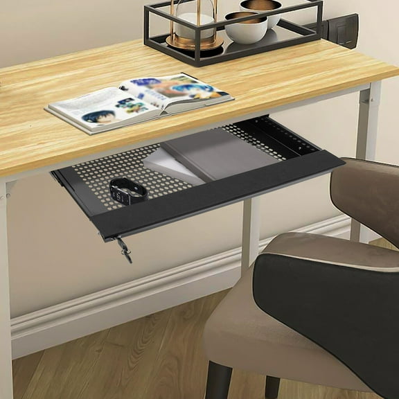 Lockable Sliding Underdesk Drawers Organiser Metal Pull Out Storage Drawer for 20" or Smaller Laptop Black