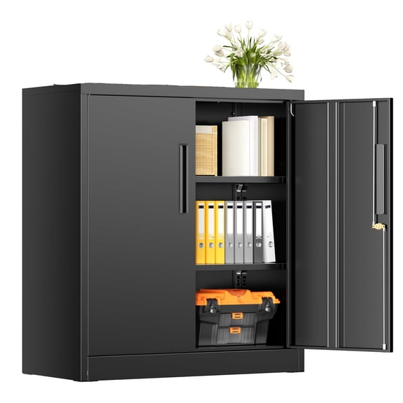 Lockable Steel Storage Cabinet, Metal Cabinet with Locking Doors and 2 Adjustable Shelves for Garage Office Home Shop, Black