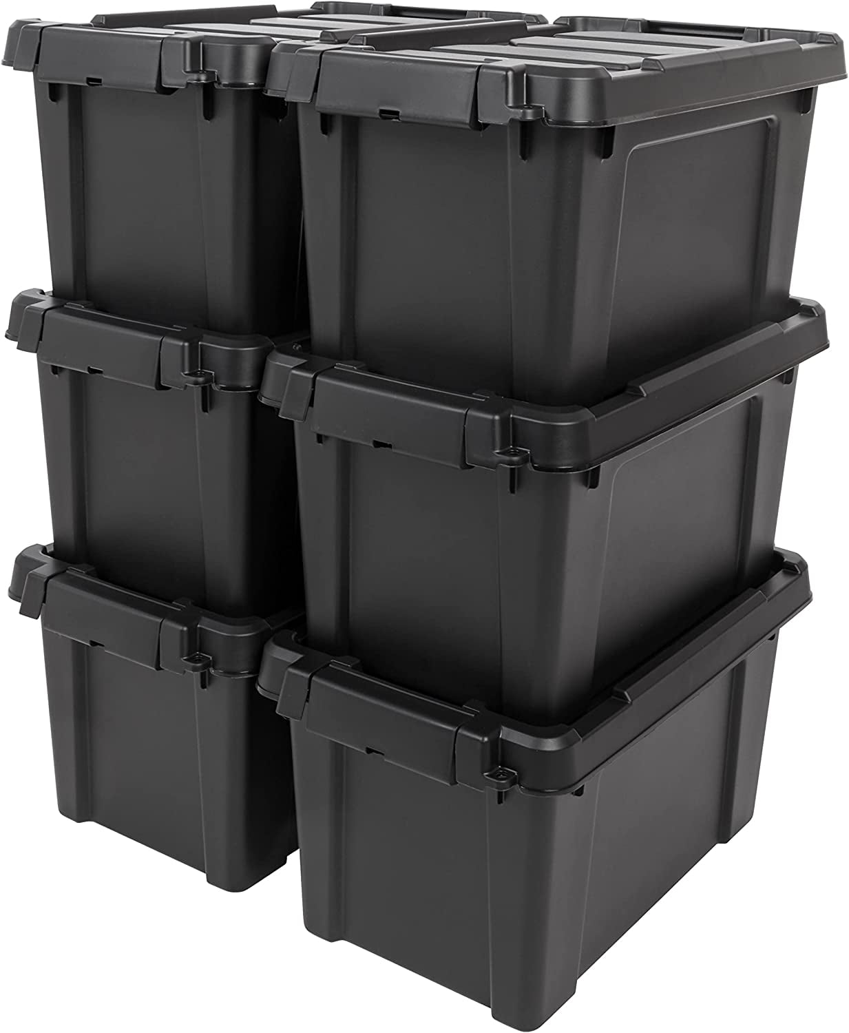 Black Heavy Duty Stackable Plastic Storage Bins with Lids, 5 Gallon, 6 Pack