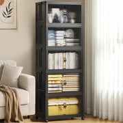 Collapsible Stackable 44Gal 175Qt Storage Bins with Lids, 5-Pack 18" W Folding Plastic Storage Box with Doors for Closet Organization, Black 18" x 11" x 51"