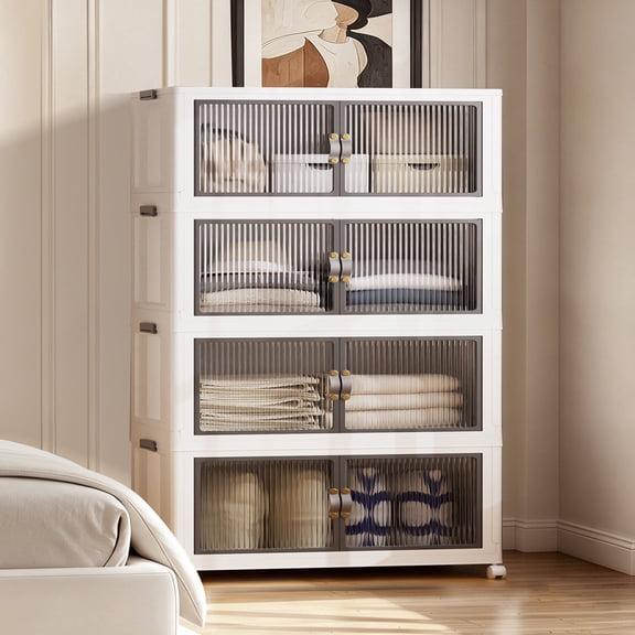 Collapsible Stackable 190Gal (760Qt) Storage Bins with Lids, 4-Pack 33.5" W Heavy Duty Rolling Organizer Cabinet with Doors for Home, Closet & Garage, White (33.5" x 19" x 69")