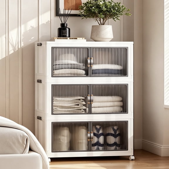 33.5" W Collapsible Stackable 145Gal (579Qt) Storage Bins with Lids, 3-Pack Rolling Plastic Closet Organizer Box with Doors for Home & Garage, White (33.5" x 19" x 53")