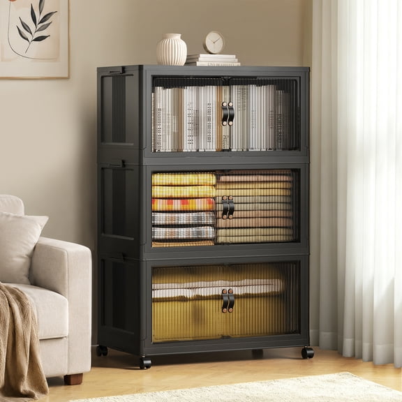 Collapsible Stackable 95Gal (381Qt) Extra Large Storage Bins with Lids, 3-Pack 28" W Rolling Organizer Cabinet with Doors for Home, Closet, Black (28" x 17" x 46")