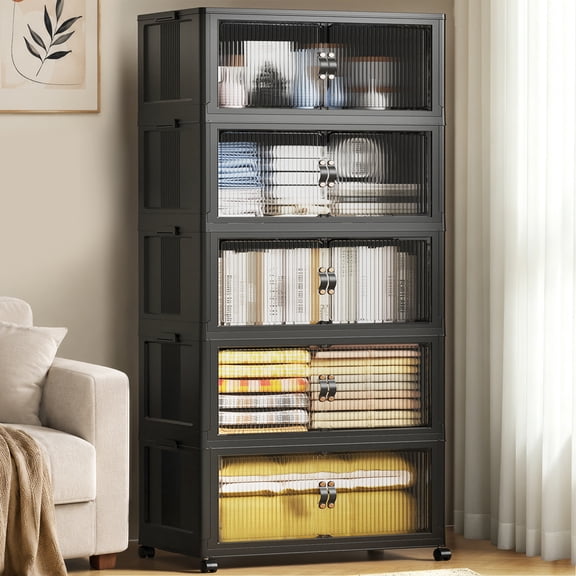 Collapsible Stackable 158Gal (635Qt) Extra Large Storage Bins with Lids, 5-Pack 28" W Heavy Duty Rolling Organizer Cabinet with Doors for Closet, Black (28" x 17" x 75")