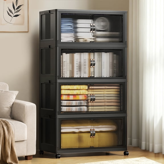 28" W Collapsible Stackable 127Gal (508Qt) Extra Large Storage Bins with Lids, 4-Pack Rolling Plastic Cabinet with Doors for Home, Black (28" x 17" x 61")