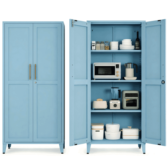Lockable Storage Cabinet Blue Metal Locker, 61" Height 2-Door Organizer with 3 Removable Shelves & 4-Tier Storage, for Home, Entryway 61"H X 27.6"W X 13.8"D