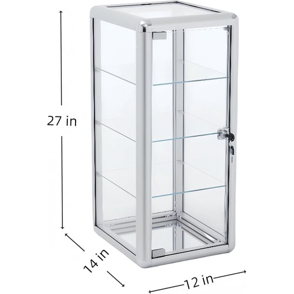 Lockable Tempered Glass Display Case 4-Shelf Countertop Showcase with Aluminum Frame 12D x 14W x 27H Silver Cabinet for Retail, Jewelry & Collectibles$$Furniture