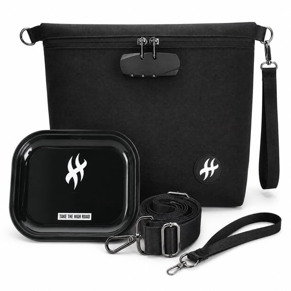 Lockable Storage Bag with Combination Lock, Carbon Lined Organizer with Metal Tray and Shoulder Strap, Black