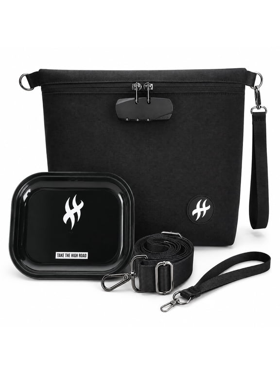 Lockable Storage Bag with Combination Lock, Carbon Lined Organizer with Metal Tray and Shoulder Strap, Black