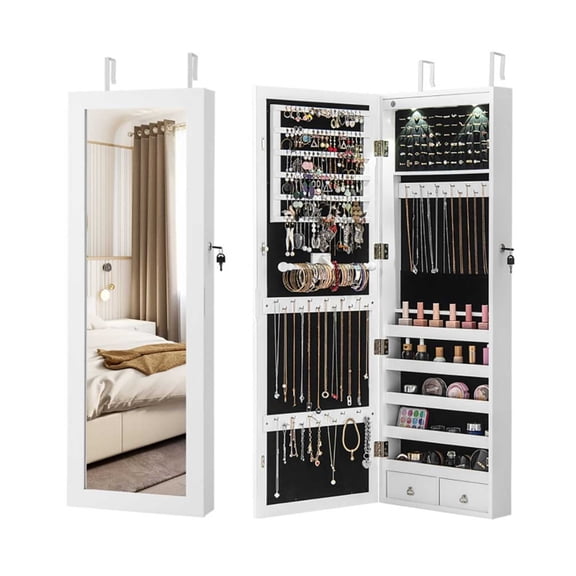 Lockable Wall Mount Mirrored Jewelry Cabinet with LED Lights