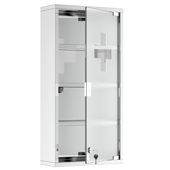 Lockable Wall Mounted Medicine Cabinet with 4 Tier Shelves, Stainless Steel Frame and Glass Door for Bathroom, Silver, 12 x 24