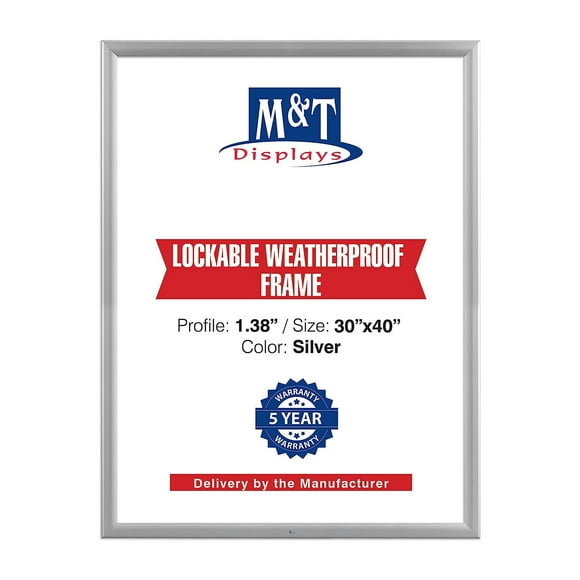 Lockable Weatherproof Snap Poster Frame 30x40 Inch Silver 1.38" Aluminum Profile Front Loading Wall Mounting