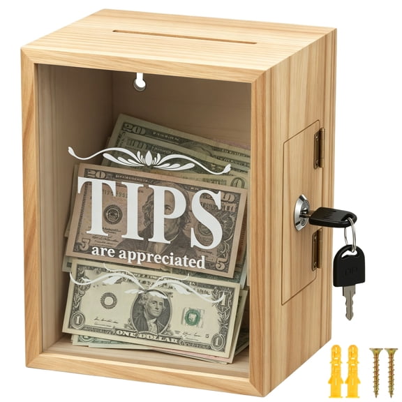 Tcwhniev Lockable Wooden Tip Box with Clear Acrylic Window, Secure Donation Jar for Tips, Fundraising, and Suggestions, 6x5x8 Inch