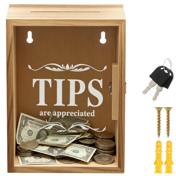 Lockable Wooden Tip Box with Acrylic Window Tip Jar with 2 Key 6x5x8 Inch Donation Box for Restaurant Bar Cafe Charity