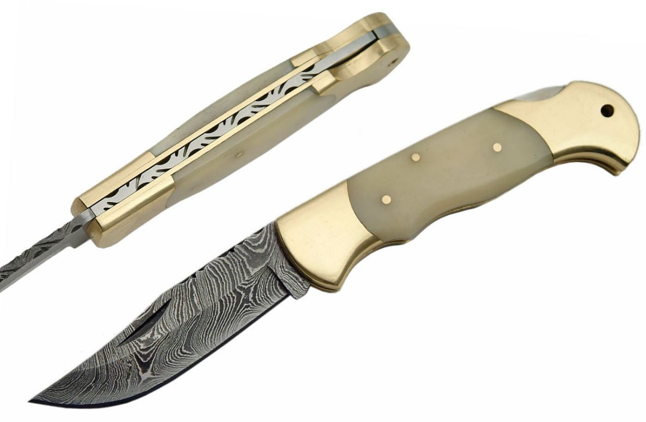 SANZ 4.25 Inch Curved Lockback Folding Utility Knife with Damascus Pattern Blade and Stag Handle",