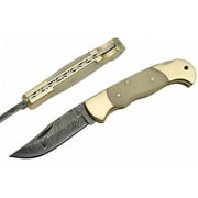 SANZ 4.25 Inch Curved Lockback Folding Utility Knife with Damascus Pattern Blade and Stag Handle",