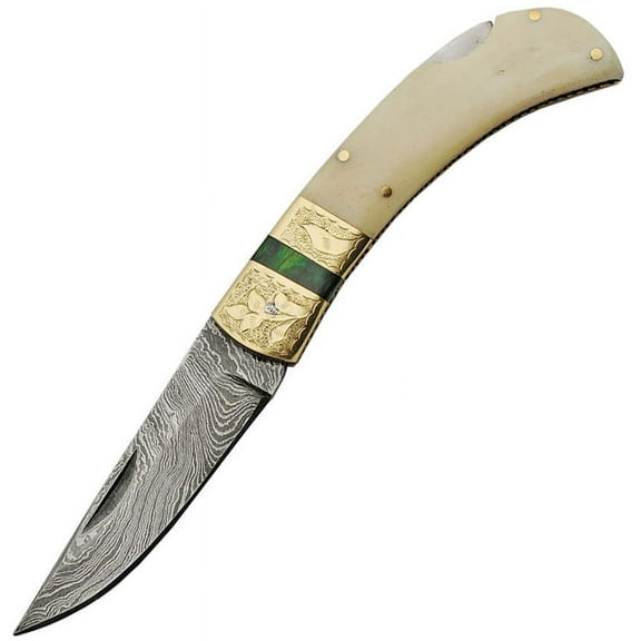 SANZ 4" Lockback Knife Damascus Steel Blade, Bone Handle, Engraved Brass Bolster, Green Wood Spacer, Filework Design