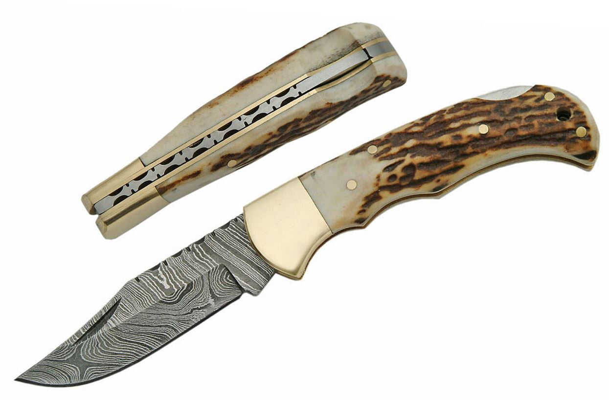 SANZ Folding Pocket Knife 4 Inch – Folding Knife for Men with Clip, Black Damascus Blade, Stag Handle for Camping, Hiking, Outdoor Use