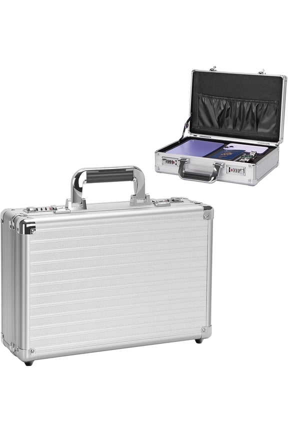 Locked Document Storage Box, 14.9x10.6x4.3 Inch Metal Briefcase, with Dual Combination Lock, Portable Safe Document Organizer, Suitable for Home, Office, Travel, Business, Silver