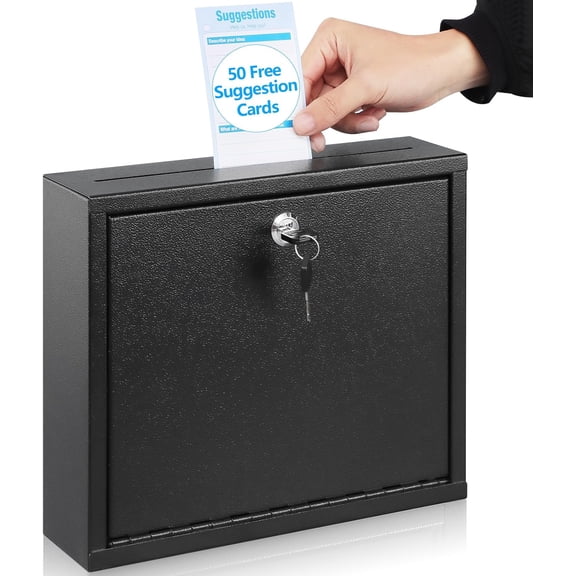 Locked and drop slot suggestion box, wall-mounted small office mailbox, key drop box with 50 free suggestion cards, secure lock box, voting box, donation box, dimensions 3 inches wide by 10 inches hi