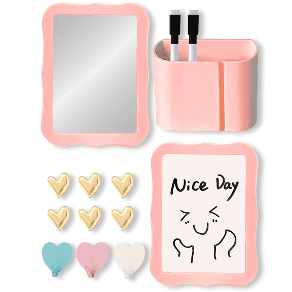 Pink Locker Accessories Set with Magnetic Whiteboard, Locker Mirror, Pen Holder, Markers, Back to School Essential Locker Kit