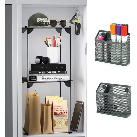 Locker Accessories and Decor Kit, Pack of 4, Grey | Mesh Locker Shelf, Locker Organizer, Magnetic Basket, Pen Holder
