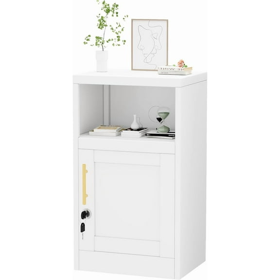Locker Nightstand Metal Cabinet Single Door Lockable Coffee Table Storage with Adjustable Shelf, Suitable for Bedside Table, Bedroom, Living Room, Office (White Hollow Out)