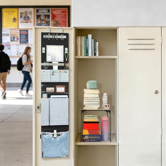 Locker Organizer Set with Shelf and Mirror for School Gym Office - Black Mesh Metal Hanging Storage Rack