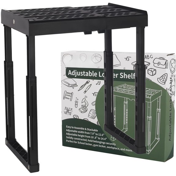 Locker Shelf for School Locker Adjustable Height and Width, Locker Organizer Shelf Stackable Locker Tools for Gym Lockers, Office, to School Essentials, Black