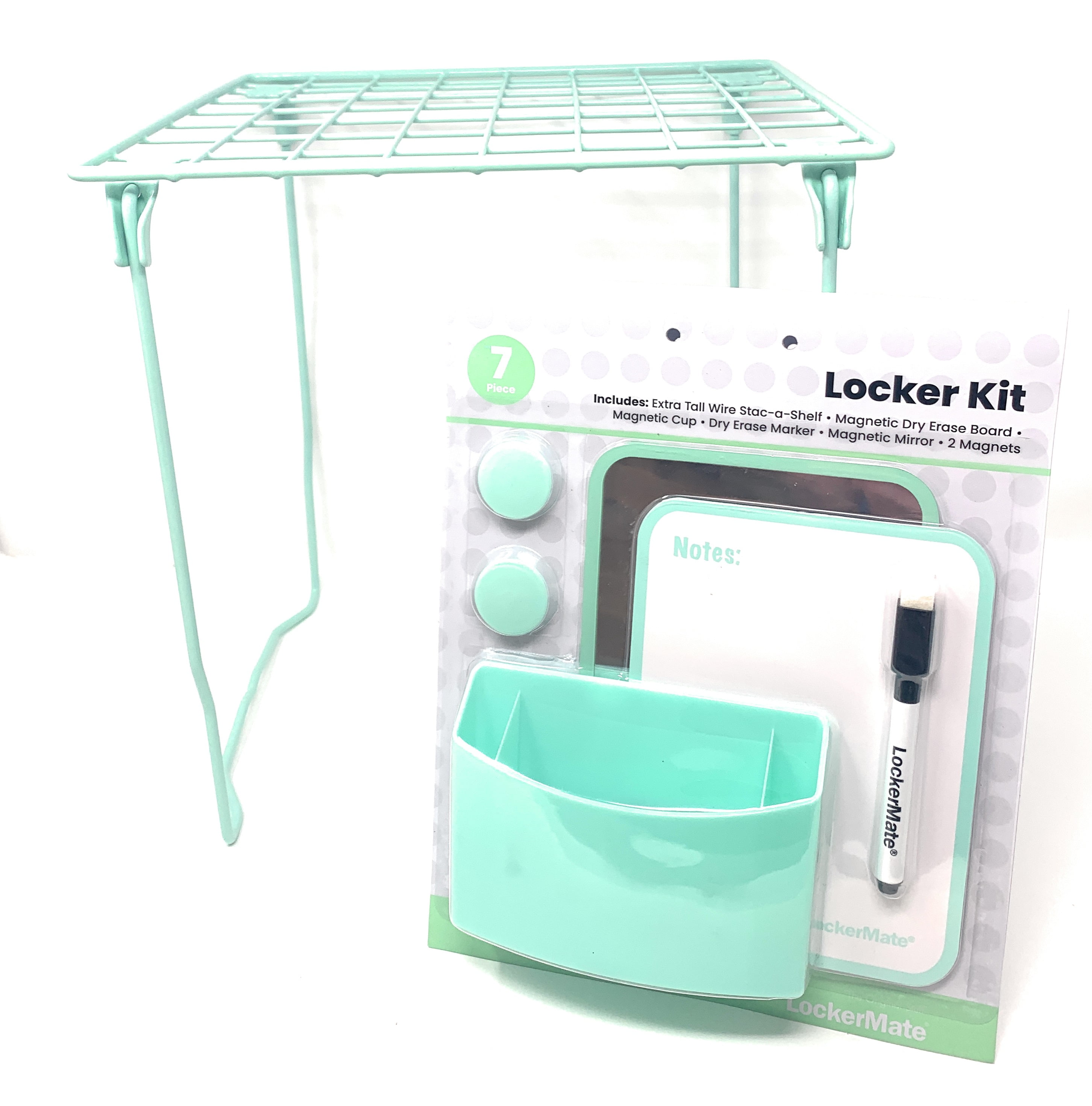 LockerMate 7 Piece Tall Wire Locker Kit with Magnets, Mirror, Dry Erase Board, Storage Cup, Dry Erase Marker School Supplies, Mint Green