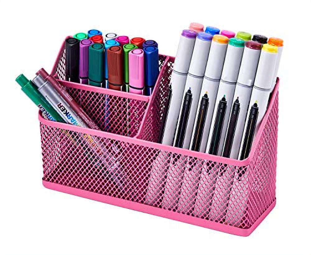 LockerMate Pencil Holder, Locker Organizer with 3 Mesh Storage Compartments, Pink