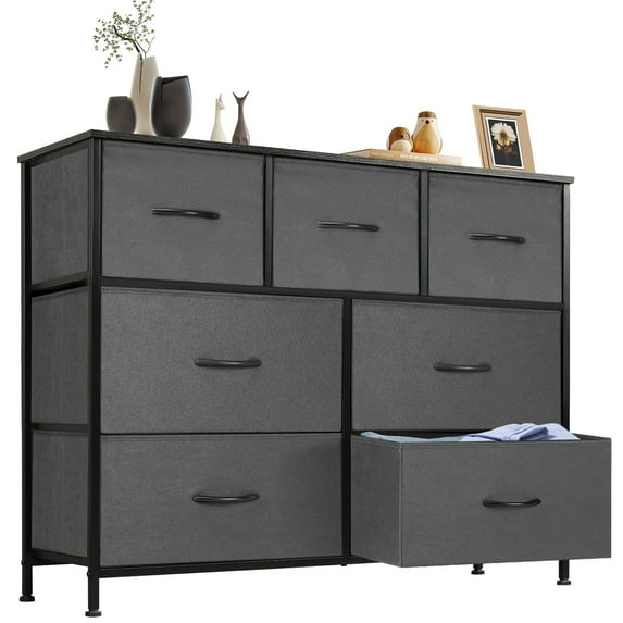 Lockers for Bedroom with 7 Fabric Drawers, Tall Chest Organizer Units for Clothing, Closet, Kidsroom, Storage Tower with Cabinet, Metal Frame, Wooden Top, Lightweight Nursery Furniture - Gray