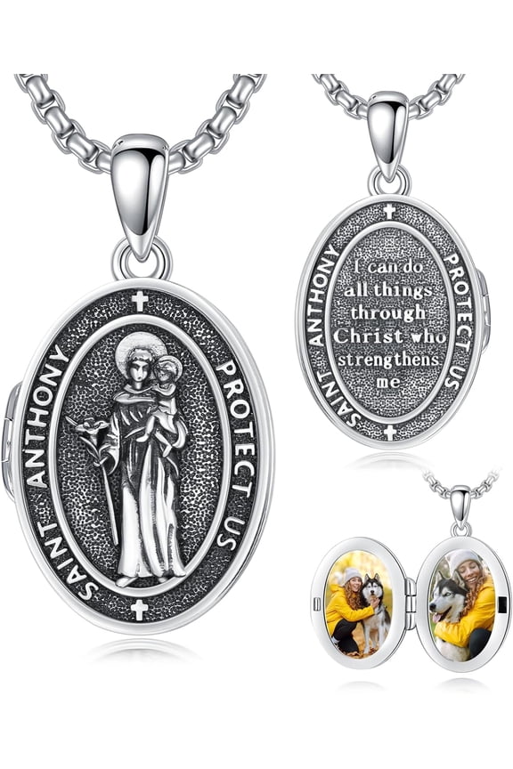 Locket Necklace 925 Sterling Silver St Anthony Francis Sebastian Medal Protection Necklaces with Picture Inside Custom Photo Gifts Catholic Christian Jewelry