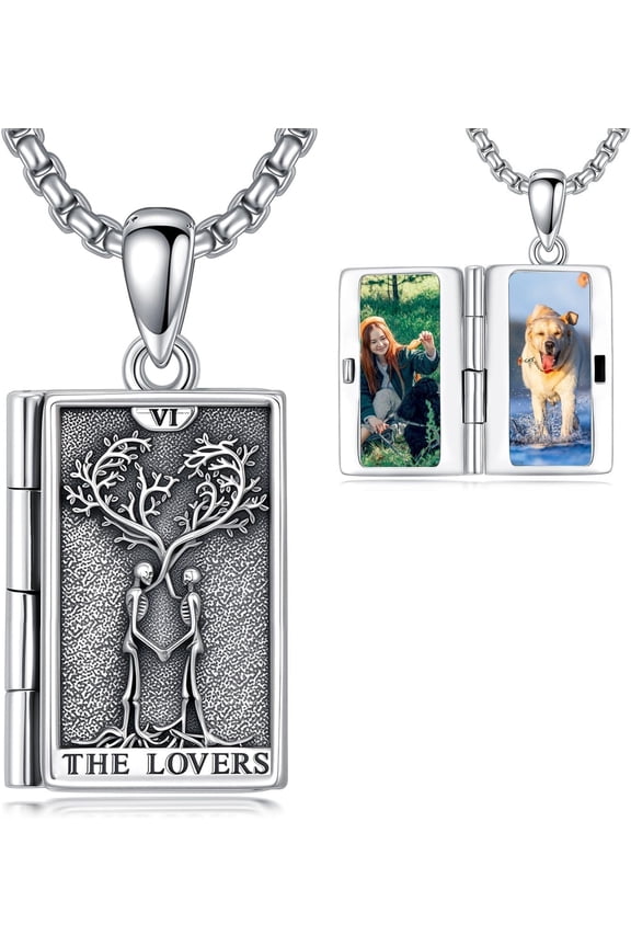 Locket Necklace 925 Sterling Silver Sun Moon Lovers Tarot Card Necklaces Tarot Jewelry Christmas Birthday Photo Gifts for Women Men Unisex